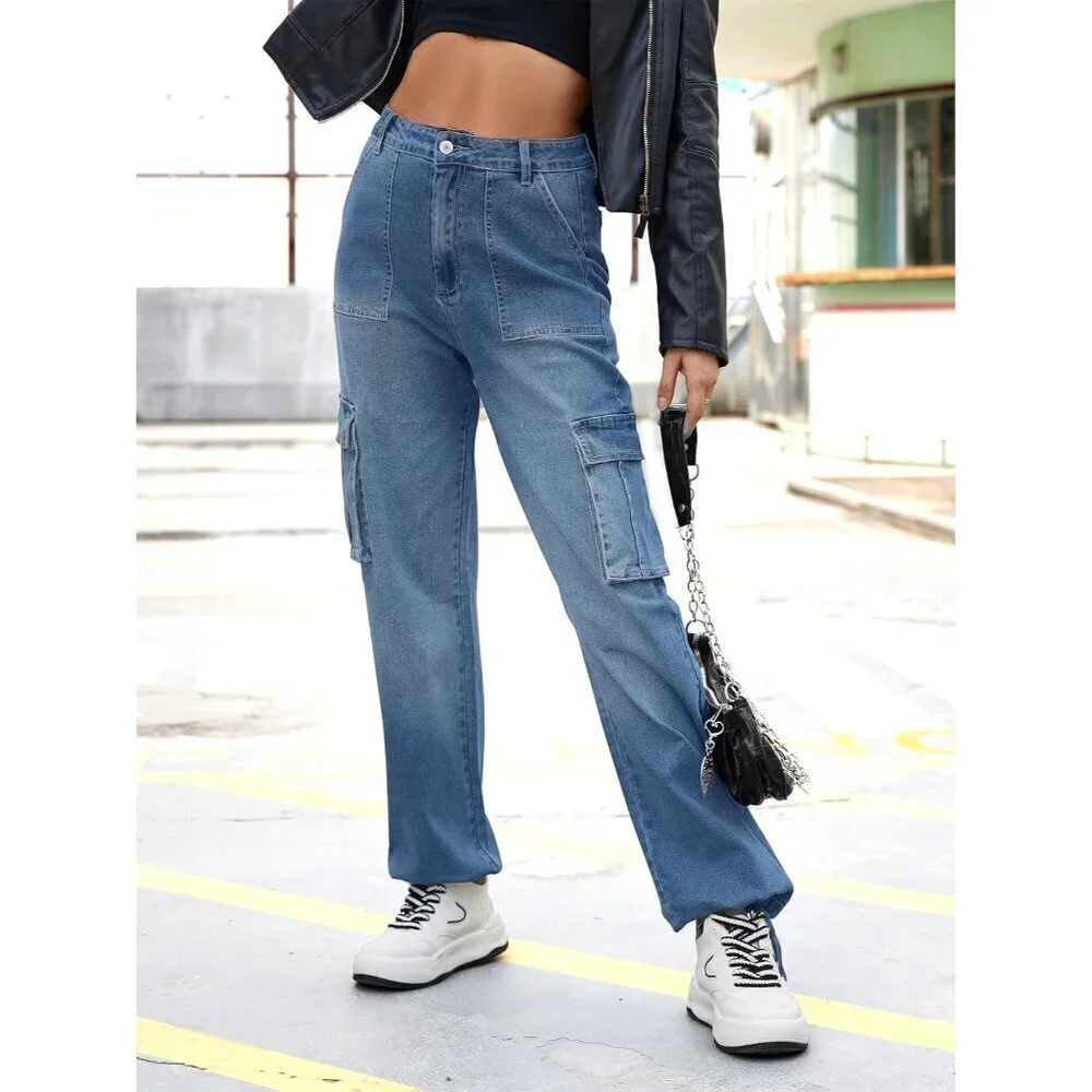 Women High Waisted Cargo Pants Denim Casual Wide Leg 6 Pockets Military